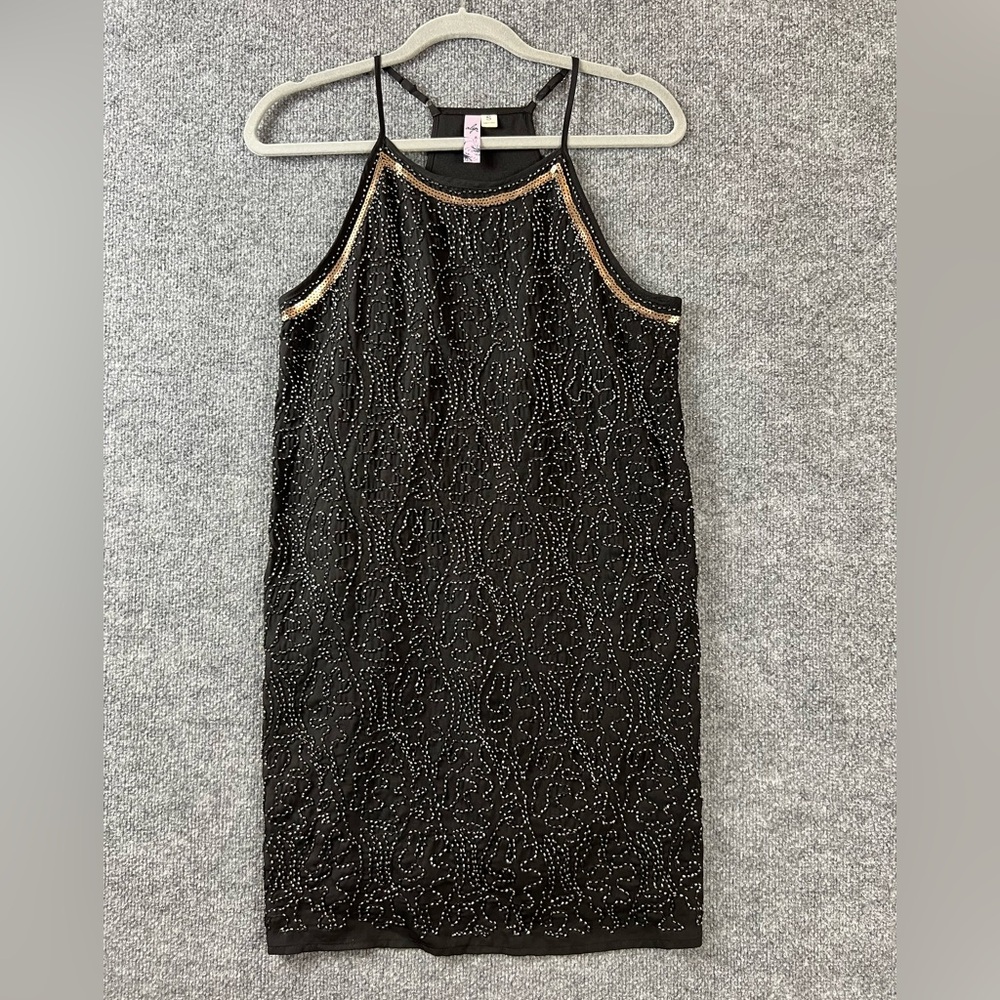 Francesca's Alya Mini Dress‎ Women's Sz S Black Beaded New Years Eve High Neck